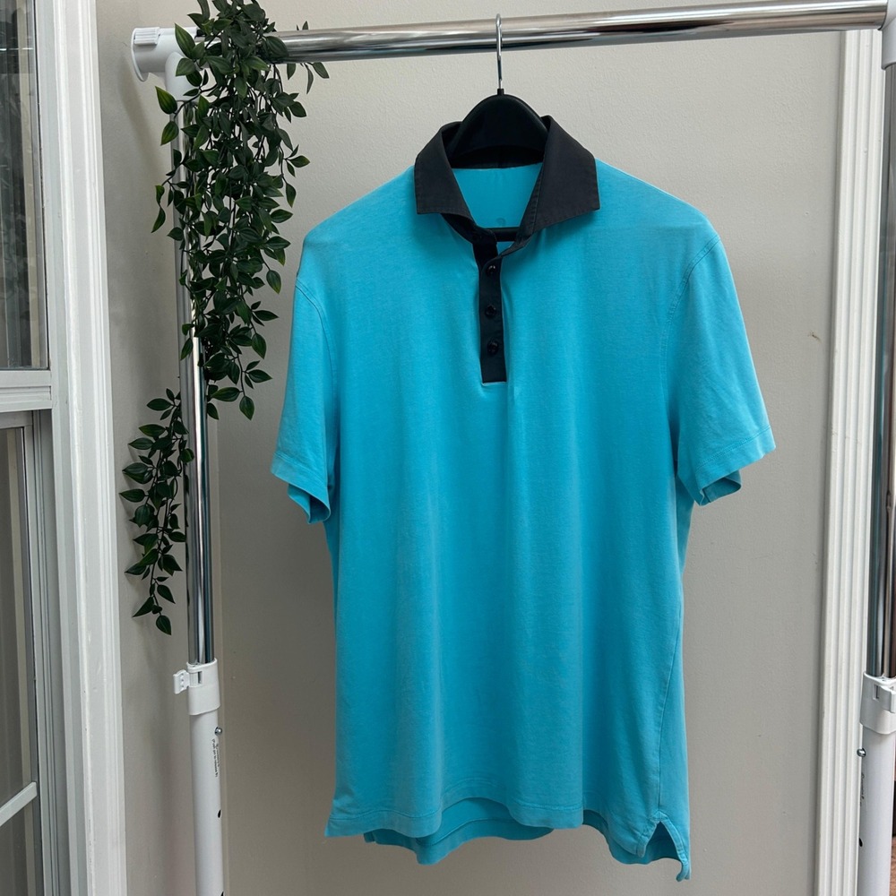 Gently Used Lululemon Mens Short Sleeve Polo Shirt Blue Black Contrast Collar